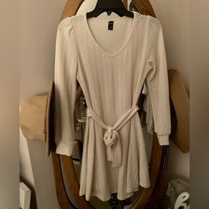White sweater dress with waist tie
